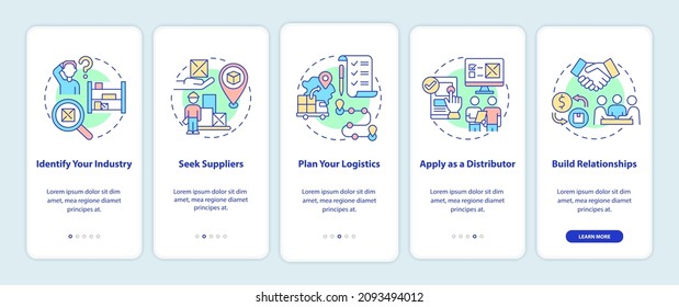 Steps to distribution business onboarding mobile app page screen. Startup walkthrough 5 steps graphic instructions with concepts. UI, UX, GUI vector template with linear color illustrations