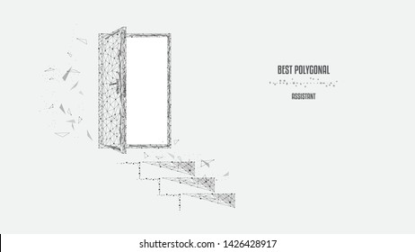 Steps To The Door. Doorway. Polygonal Illustration Of Triangles And Points. Black And White. Design For Various Successful Conceptual Projects. Low Poly.