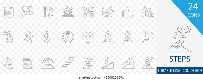 Steps editable line icon set. containing  Process, Progress, Move, Guide, Plan, Level and more stroke icons  