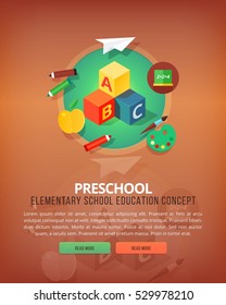 Steps of educational process. Types of knowledge resources. Preschool. Basic and elementary subject. Education and science vertical layout concepts. Flat modern style