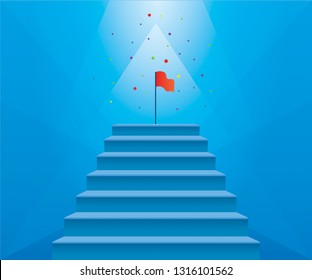Steps to finish, up, vector. Steps to success with the flag at the top. The concept of achievement, business motivation. Vector illustration in trendy style.