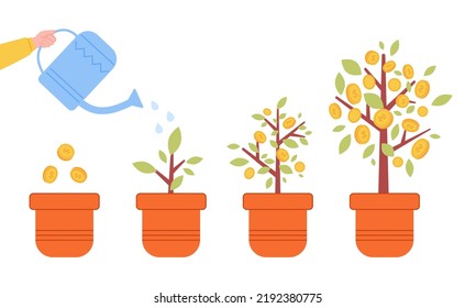 Steps growing money tree. Invest financial seeds in agriculture plant for increas high growth finance, your business investment currency income cash wealth flat vector illustration of tree