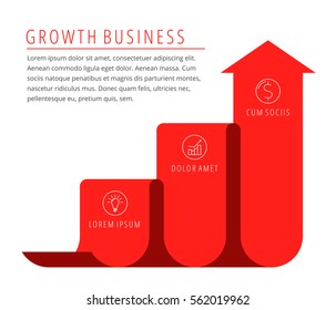 Steps Of Growth, Increase Business Concept. Red Arrow Depict Improve Business. Flat Illustration Of Upward Arrow. Vector Template Element For Infographic, Web, Presentation, Publish, Social Networks.