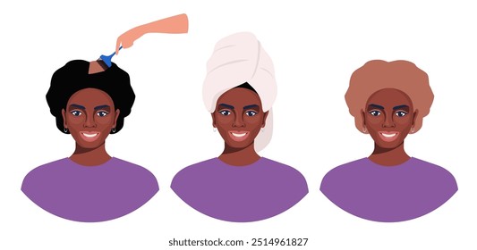 Etapas do processo de coloração do cabelo para a mulher negra em casa. A morena muda a cor do cabelo para mais claro. Iluminação do cabelo. Como tingir o cabelo. Ilustração vetorial