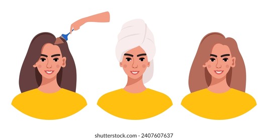 Steps of hair coloring process for woman at home. Brunette changes her hair color to lighter one. Hair lightening. How to dye your hair. Vector illustration