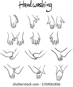 Steps to hand washing for prevent Covid19 virus vector illustration sketch doodle hand drawn with black lines isolated on white background