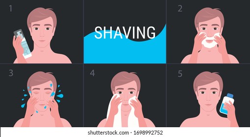 steps handsome man shaving with foam and cleaning face skin care concept portrait horizontal vector illustration