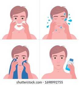 steps handsome man shaving with foam and cleaning face skin care concept portrait vector illustration