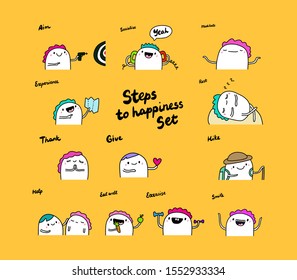 Steps to happiness selfcare support hand drawn vector illustration in cartoon comic style people man doing healthy activities eating well exercise sleep thank give hike