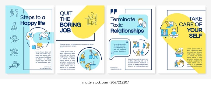Steps to happy life blue and yellow brochure template. Change life. Flyer, booklet, leaflet print, cover design with linear icons. Vector layouts for presentation, annual reports, advertisement pages