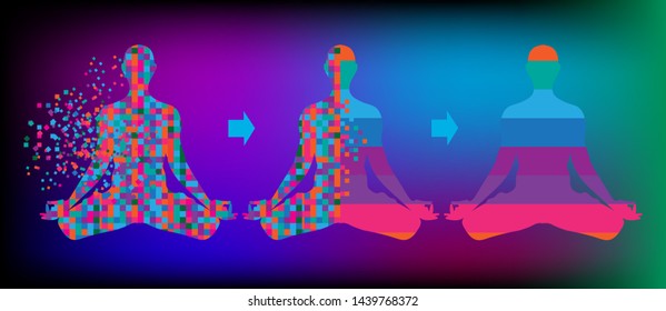 Steps of harmony. Three stage of structuring. Meditating human in lotus pose. Harmony visualization