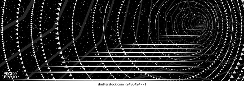 Steps to Heaven Isolated on Starry Night Sky Background. A Round Tunnel with a Staircase That Awaits Us. Abstract Panoramic Sky Map of Hemisphere. Vector. 3D Illustration