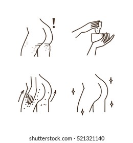 
Steps how to apply anti cellulite exfoliating cream. Vector isolated illustrations set.