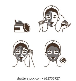 
Steps how to apply clay mask. Vector isolated illustrations set.