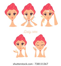 Steps how to apply daily care. Isolated illustrations set.