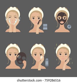 Steps how to apply dark facial mask for face moisturizing and acne treating. Young girl treats her skin. Beauty tutorial. Vector isolated illustrations set.