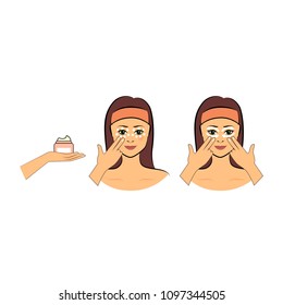 Steps how to apply eye cream. Vector illustration.