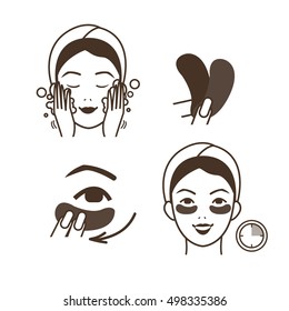 Steps how to apply eye patches. Vector isolated illustrations set.