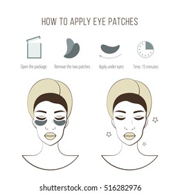 Steps how to apply eye patches. Cosmetic mask for eye. Vector isolated illustrations set