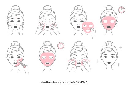 Steps how to apply facial cosmetic mask and clay mask. Line vector elements on a white background.