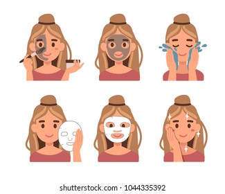 Steps how to apply facial mask. Flat style vector illustration isolated  on white background.