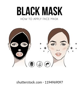 Steps how to apply facial mask to treat acne. Vector isolated illustrations set. Woman with cosmetic face black mask on face. Fashion, beauty. Graphic, sketch drawing. Spa concept Vector illustration.