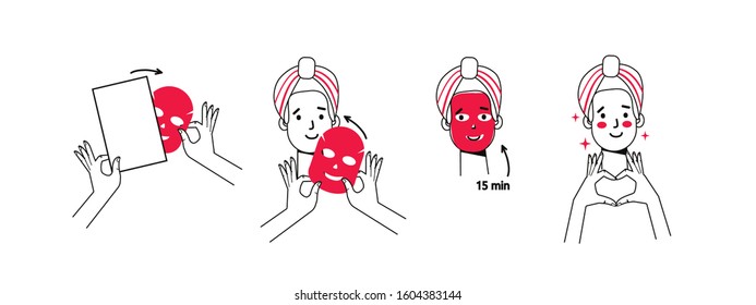 Steps how to apply facial mask. Girl take care about her face, skin care routine, different facial procedures. Line style vector illustration isolated on white background.