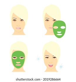 Steps how to apply facial mask. Beauty fashion girl apply facial mask. Vector