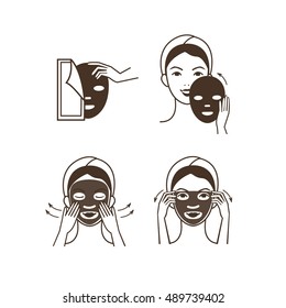 Steps how to apply facial mask. Vector isolated illustrations set.