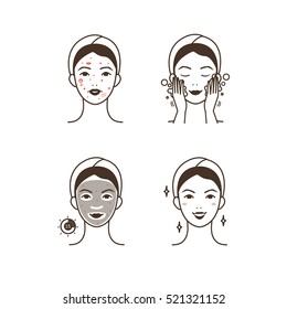 Steps how to apply facial mask to treat acne. Vector isolated illustrations set.