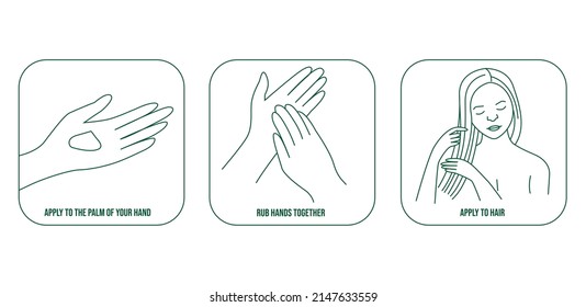 Steps How To Apply Facial Serum Apply To The Palm Of The Hand, Rub Hands Together, Apply To Hair Art Icons Vector Illustration 