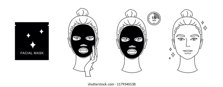 Steps how to apply facial sheet mask. Black icon set isolated on white background. Line art. Beauty industry. Skin care. Infographic.