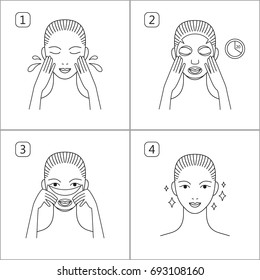 Steps how to apply facial sheet mask. Infographics for the beauty industry. Vector line illustration.