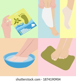 Steps how to apply foot mask. Feet care. Moisturizing the skin with a foot mask. Olive oil based foot mask. Cosmetological procedure for women. Vector isolated illustrations set.