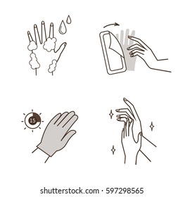 Steps how to apply moisturizing hand mask. Vector isolated illustrations set.