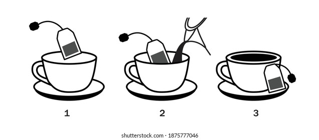 Steps how to brew tea. Vector illustration isolated on white background.
