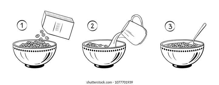 Steps how to cook dry breakfast. Vector illustration.