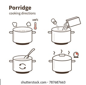 
Steps how to cook porridge.  Flat line vector illustration isolated on white background.