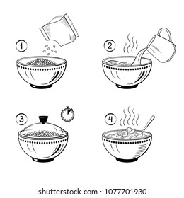 Steps how to cook porridge. Vector illustration.