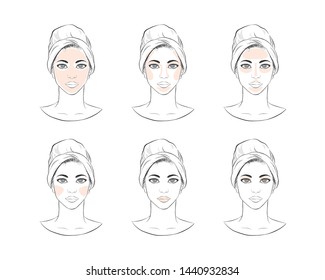 Steps how to face make-up. take care about african-american face vector illustration isolated cartoon hand drawn