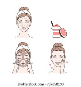 
Steps how to make facial peeling. Beauty and fashion vector illustration isolated on white background.