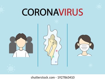 Steps How Prevent Coronavirus and viral infection on blue background. Covid-19, Coronavirus, fever, Respiratory Diseases. Vector illustration.