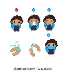 Steps How Prevent Respiratory Diseases. Correct Couching and Sneezing, Cleaning Hands with Antiseptic Gel, Wearing Mask. Black Female chibi character illustration.