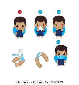 Pasa Cómo Prevenir Enfermedades Respiratorias. Corregir el sofocamiento y estornudo, limpiar las manos con gel antiséptico, usar máscara. Ilustración de carácter de chibi negro.