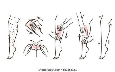 
Steps How To Remove Leg Hair By Using Strip Wax.  Beauty Instruction. Isolated Vector Illustration.