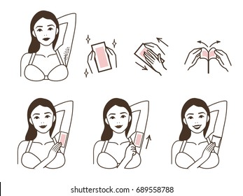 Steps how to remove underarms hair by using strip wax.  Beauty instruction. Isolated vector illustration.