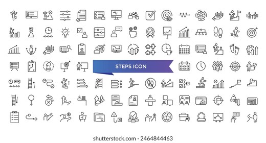 Icono de Pasos colección. Relacionado con escaleras, huella, progreso, paso a paso, hoja de ruta, proceso, caminar y más. Conjunto de iconos de vector de línea.