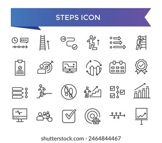Steps icon collection. Related to stairs, footprint, progress, step by step, roadmap, process, walk and more. Line vector icons set.