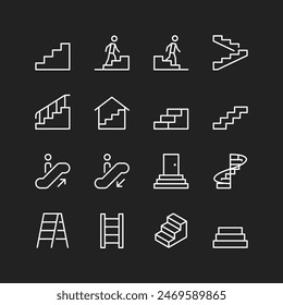 Schritte-Symbol gesetzt, weiße Linien auf schwarzem Hintergrund. Menschen, die Treppen steigen, Leitern. Mehrstufige Strukturen mit Geländern. Anpassbare Linienstärke
