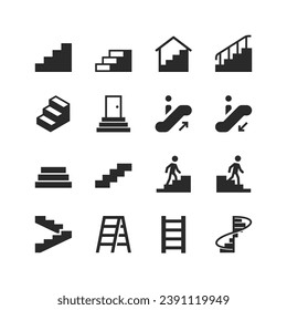 Steps icons set. Human climbing steps. Ladder. A structure consisting of several steps and a railing. Black and white style